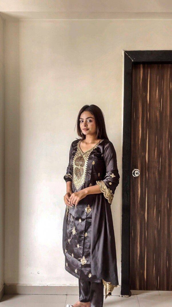 Black Color Ready To Wear Satin Silk 3pc Set