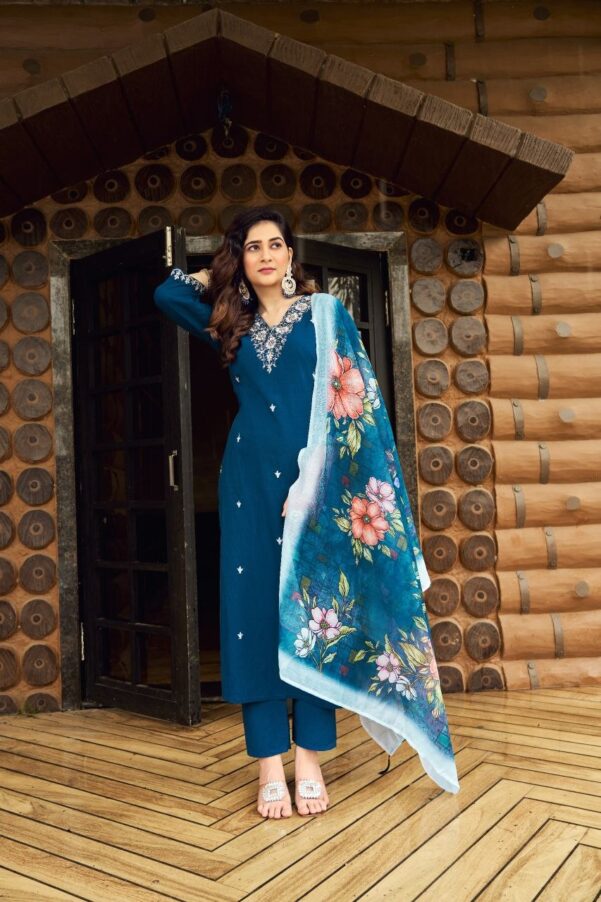 New Designer Roman Silk Kurti Pant With Chanderi Silk Dupatta
