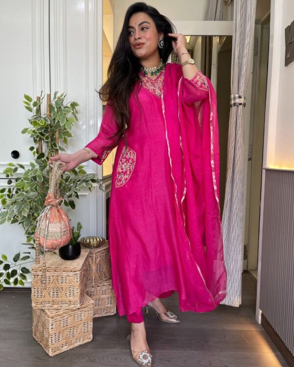Pink Color Beautiful Embroidery Work Kurtis Set