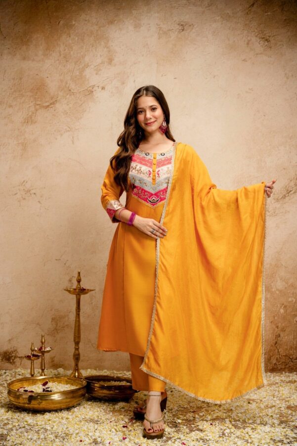 Women's Chanderi Embroidered Anarkali Kurta and Pant with Dupatta Set