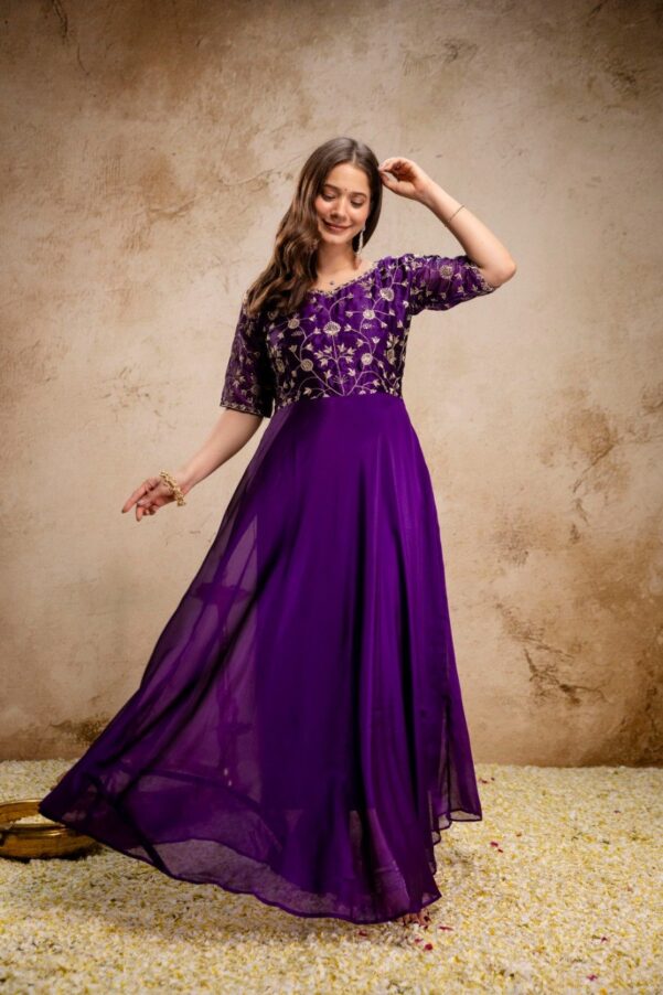 Purple Color Floral Sequinned Chinon Anarkali Kurta With Dupatta