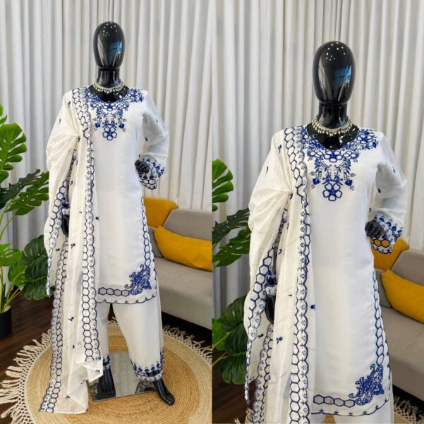 White Color Trending Mull Chanderi Suit Set