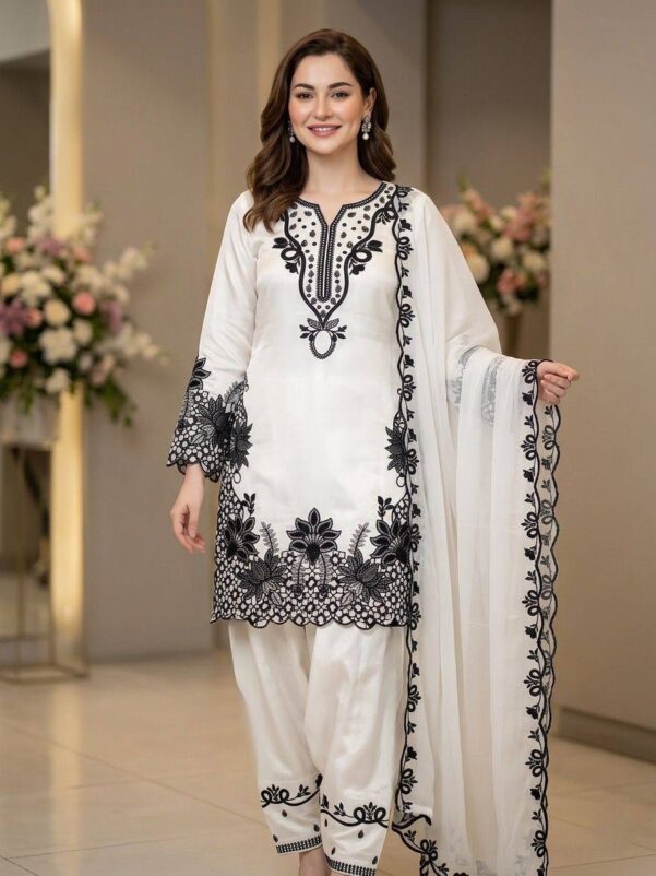 Hania Amir Inspried White Color Cut Work Farshi Salwar Suit