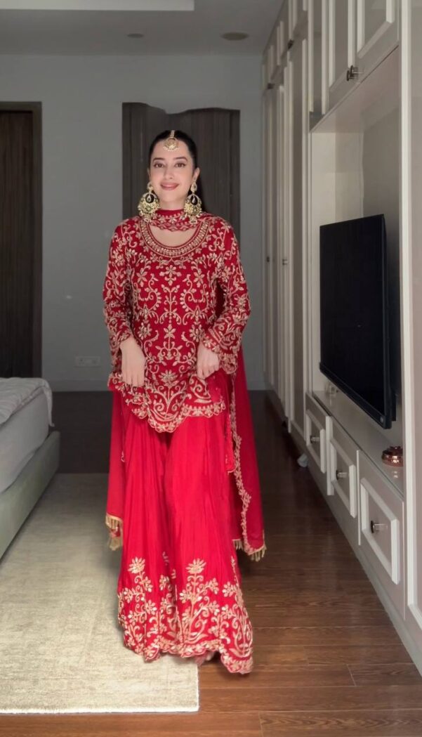 Red Color Faux Georgette Ready To Wear Suit