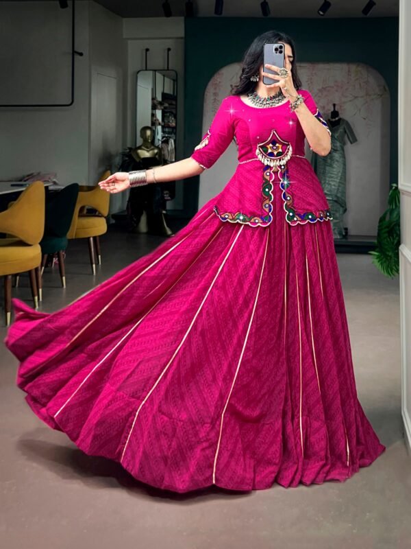 Pink Color Lehenga Choli With Beautifully Finished Gamthi Mirror Lace Blouse.