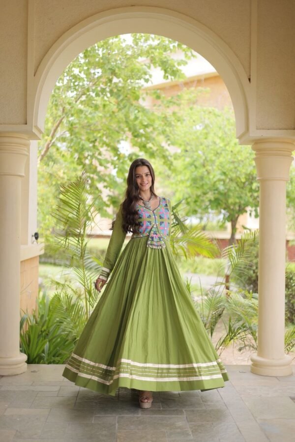 Parrot Color Kora Cotton Gota patti Real Mirror Navratri Special Gown