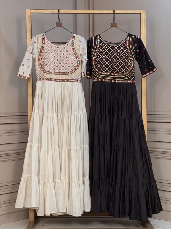 Kora Cotton With Multi Thread Embroidered & Gota patti & Mirror Work Navratri Gown