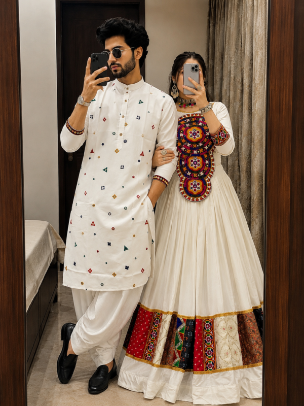 White Color With Real Mirror Work Couple Combo Lehenga Choli