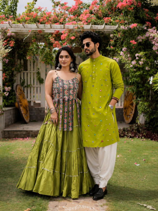Parrot Color Fully Stitched Couple Lehenga Choli With Mens Kurta Pajama