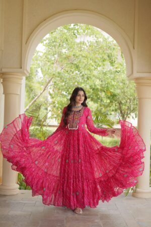 Bandhani Print Kutchi Patchwork Faux Georgette Gown with 12 Meter Flair