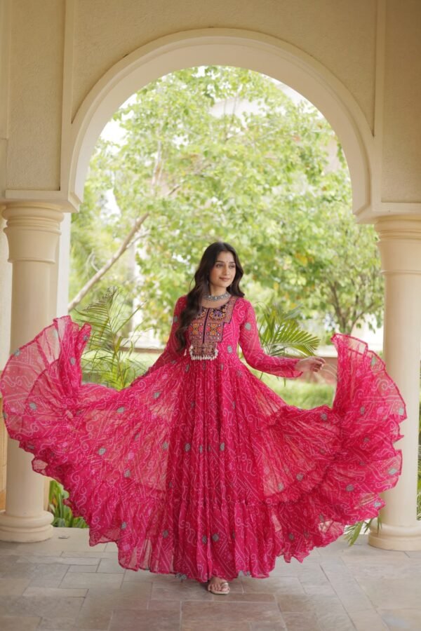 Bandhani Print Kutchi Patchwork Faux Georgette Gown with 12 Meter Flair
