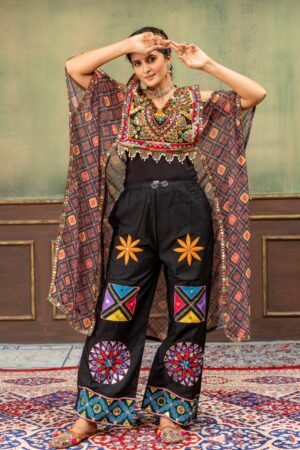 Faux Georgette Embroidery Kaftan with Real Mirror Work Denim Jeans