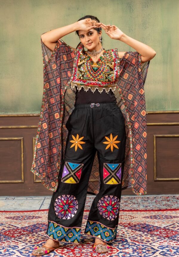 Faux Georgette Embroidery Kaftan with Real Mirror Work Denim Jeans