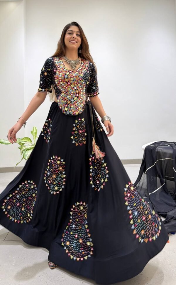 Navratri Rayon Real Mirror Work Lehenga Choli with 4 Meter Flair and Gotta Patti Dupatta