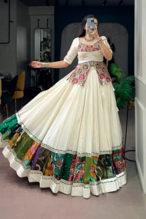 Khadi Cotton Navratri Lehenga Choli with Multicolor Panel and Gamthi Work