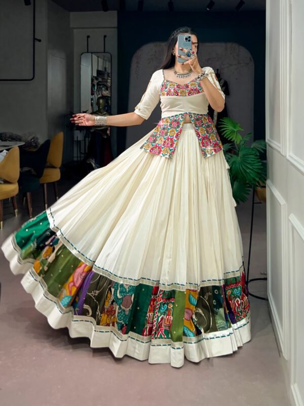 Khadi Cotton Navratri Lehenga Choli with Multicolor Panel and Gamthi Work