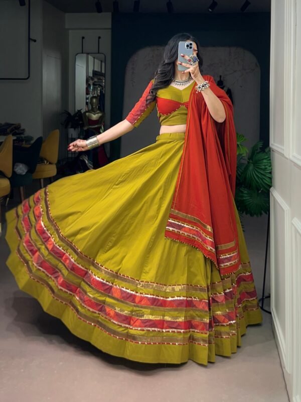 Dhabu Cotton Navratri Lehenga Choli with Ghughri Lace – 6 Meter Flair