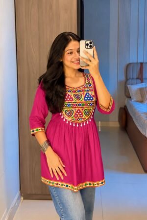 Heavy Rayon Short Top with Gamthi Kodi Lace and Real Mirror Work