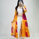 Faux Georgette Printed Shrug with Gota Patti and Mirror Work Border