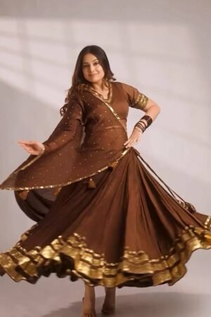 Chocolate Brown Mul Chanderi Gotta Patti Lehenga Choli with 6 Meter Flair