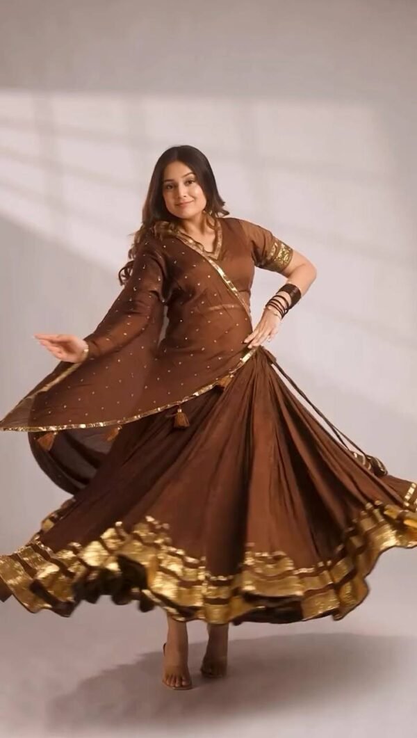 Chocolate Brown Mul Chanderi Gotta Patti Lehenga Choli with 6 Meter Flair