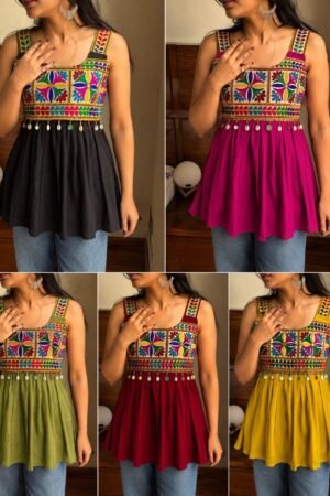 Short Sleeveless Heavy Rayon Gamthi Embroidery Top with Real Mirror Work
