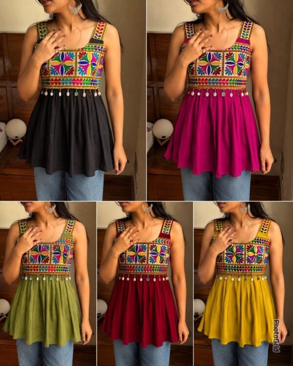 Short Sleeveless Heavy Rayon Gamthi Embroidery Top with Real Mirror Work