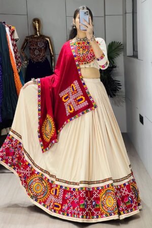 Kutchi Rayon Cotton Lehenga Choli with Gamthi Embroidery and Real Mirror Work