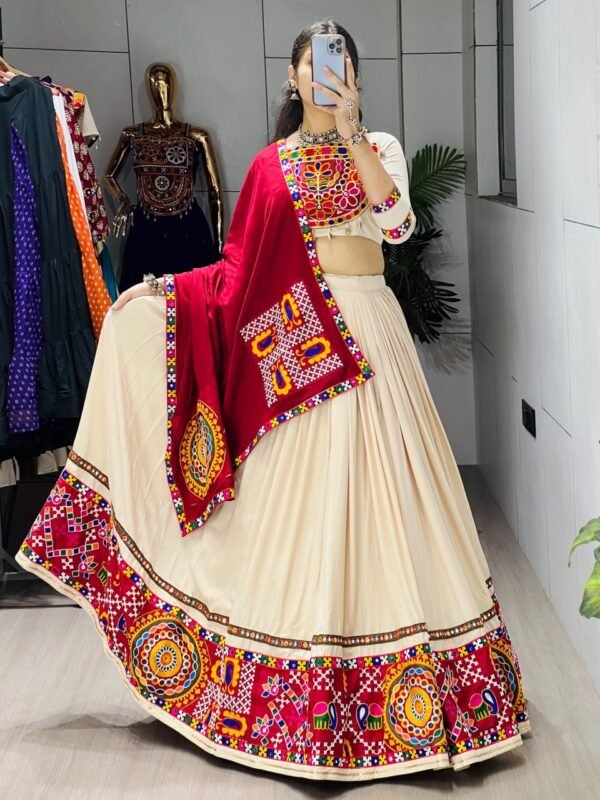 Kutchi Rayon Cotton Lehenga Choli with Gamthi Embroidery and Real Mirror Work