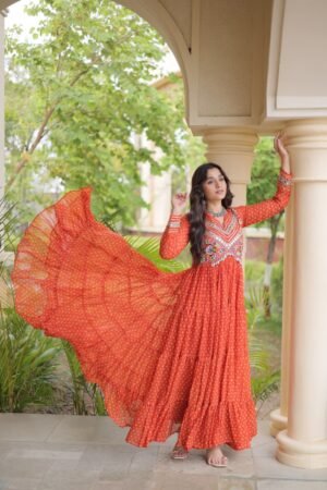 Bandhani Print Kutchi Patchwork Faux Georgette Gown with 12 Meter Flair