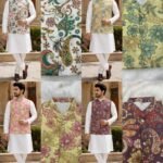 Men’s Malai Satin kurta pant set with Natural Crepe koti and positional sequin work