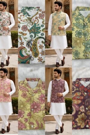 Men’s Malai Satin kurta pant set with Natural Crepe koti and positional sequin work
