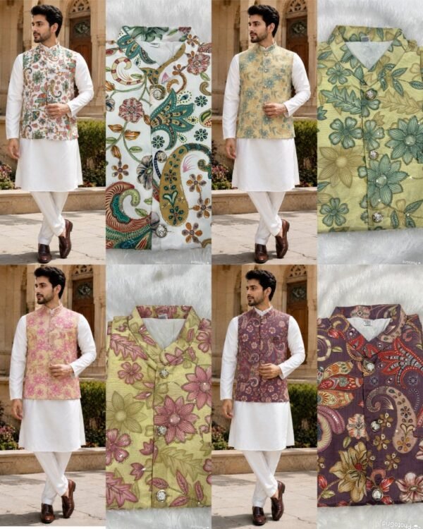 Men’s Malai Satin kurta pant set with Natural Crepe koti and positional sequin work