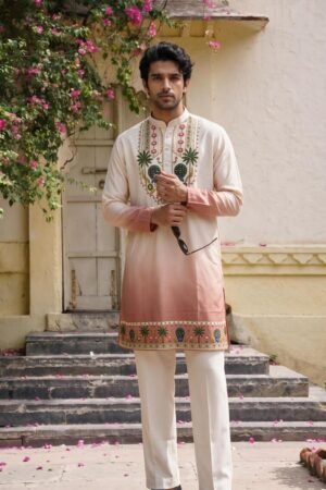 Men’s short kurta with digital shading effect and elegant diamond work detailing
