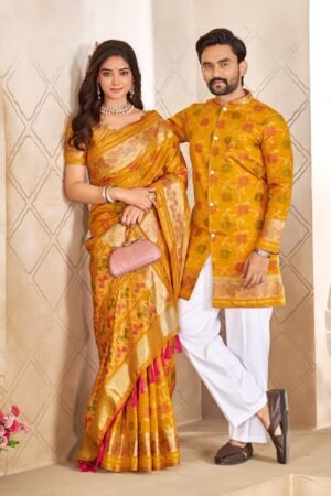 Matching Patola Silk couple outfit with men's Indo top and cotton polo pants and women's Patola Silk saree