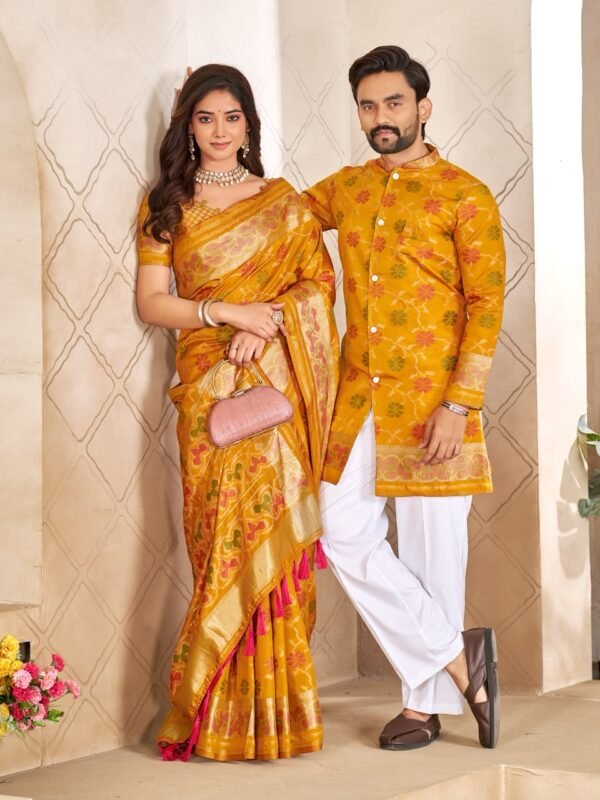 Matching Patola Silk couple outfit with men's Indo top and cotton polo pants and women's Patola Silk saree
