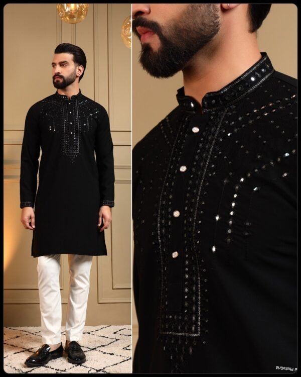 Premium men’s Armaani Lachko kurta pyjama set with heavy embroidery and sequin work