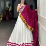 Designer Gamthi lehenga choli with 6-meter flair, stitched blouse and georgette dupatta