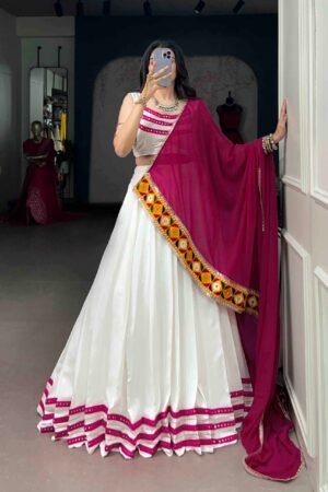 Designer Gamthi lehenga choli with 6-meter flair, stitched blouse and georgette dupatta