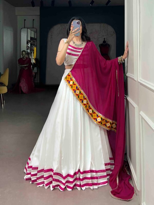 Designer Gamthi lehenga choli with 6-meter flair, stitched blouse and georgette dupatta